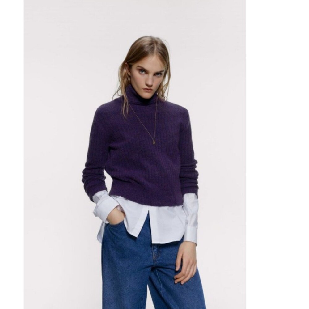 ZARA Loose fit Ribbed Turtleneck Sweater Long Sleeve Women's Medium